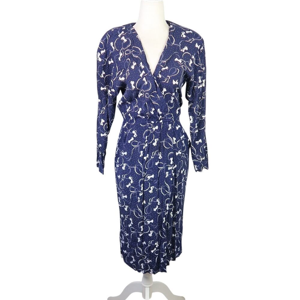 Vintage 80s Carol Anderson Navy Blue and White Bow Dot Print Midi Dress 4
